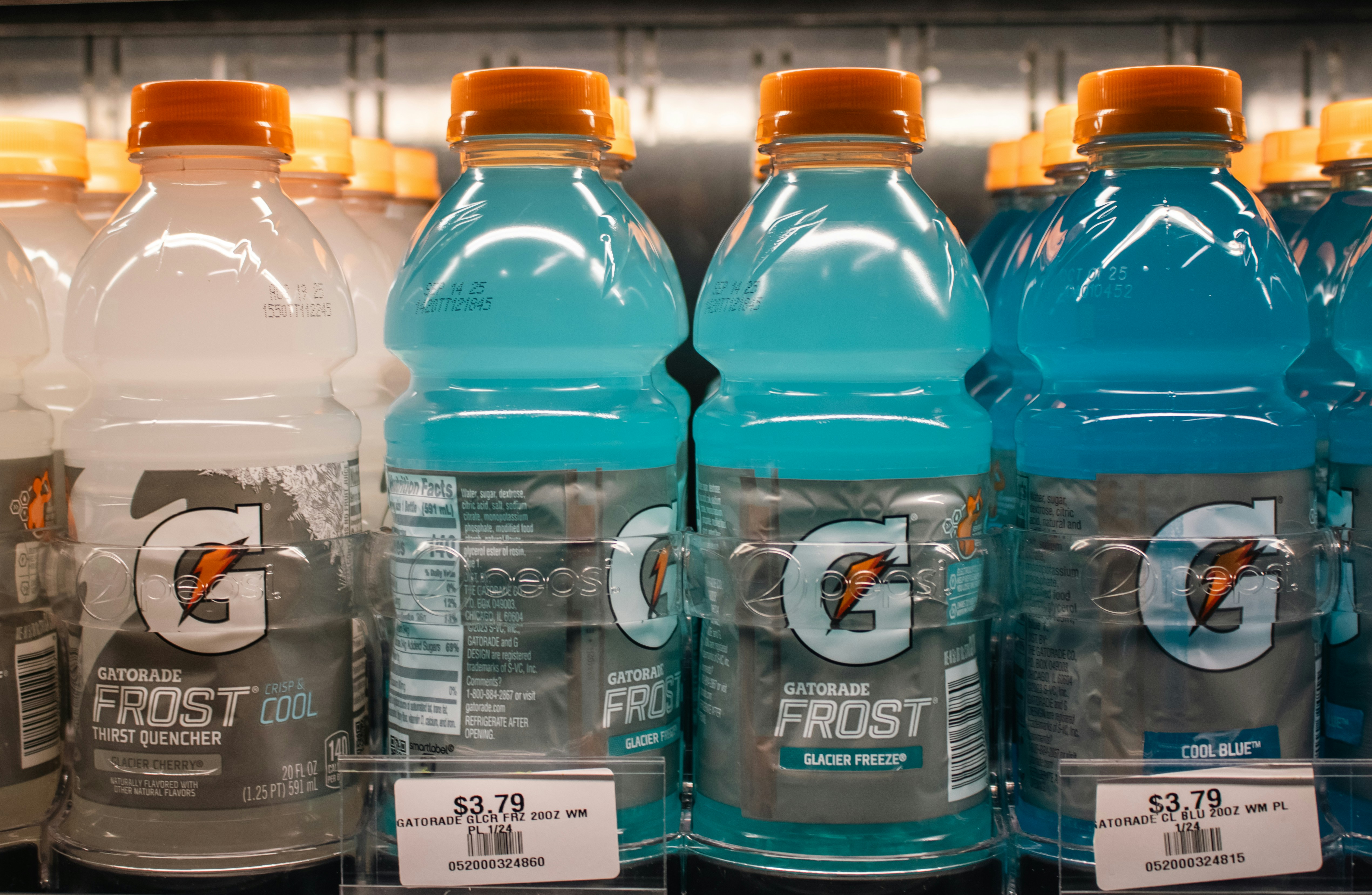 Gatorade frost bottles are displayed in a store