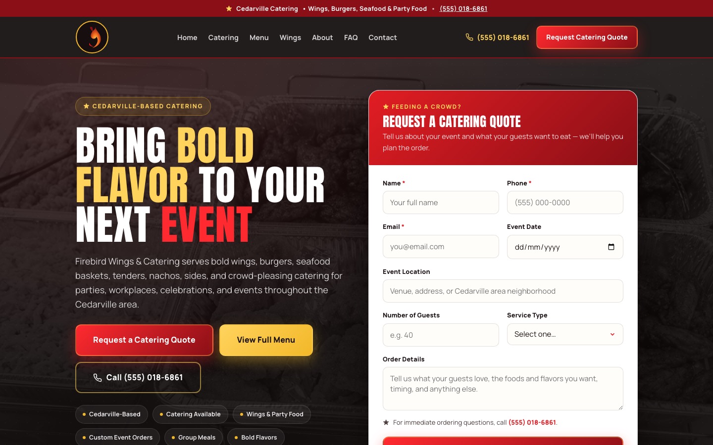 Firebird Wings & Catering website, built by StoopCraft