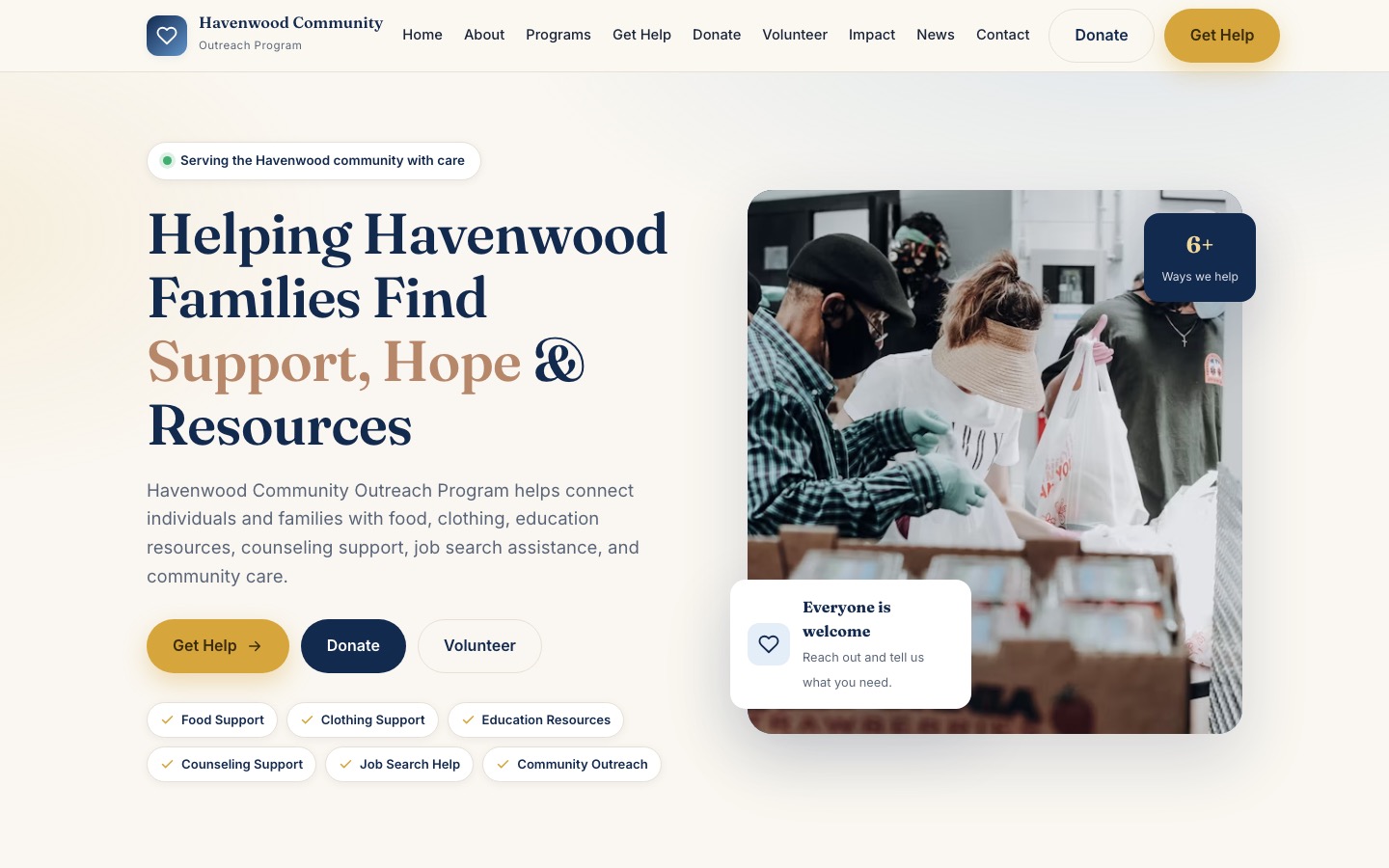 Havenwood Community Outreach website, built by StoopCraft