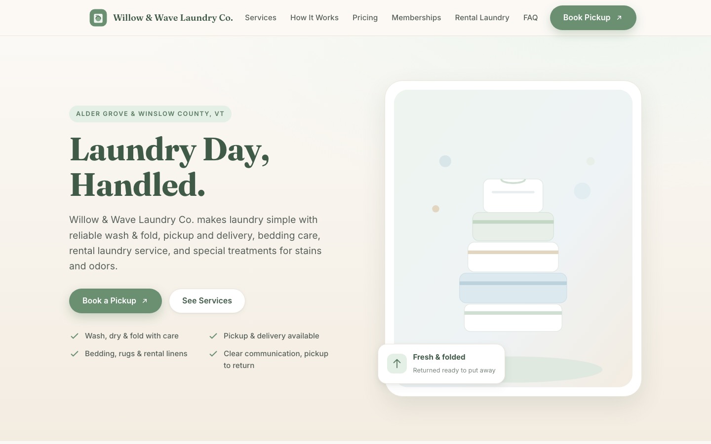 Willow & Wave Laundry Co. website, built by StoopCraft